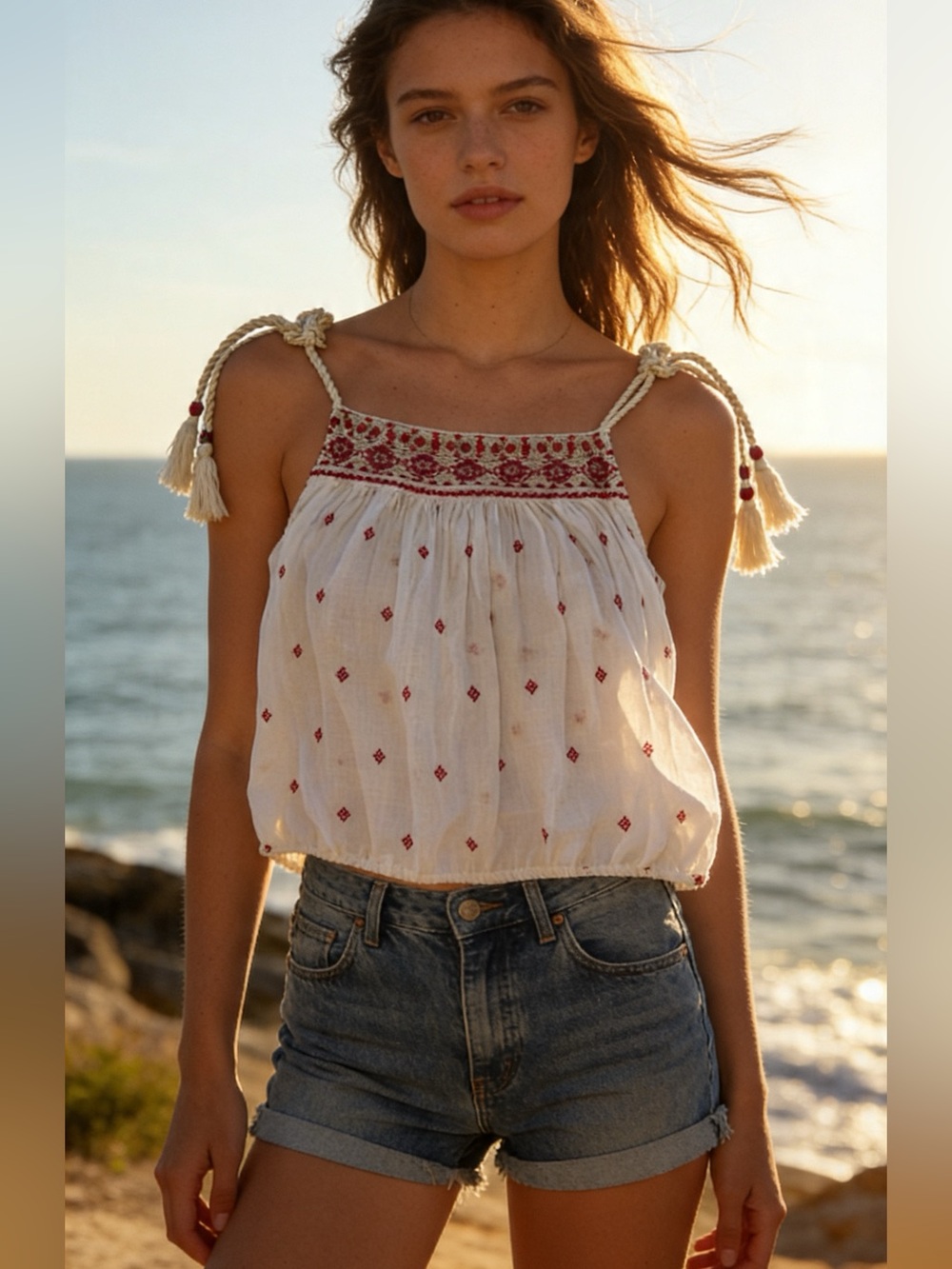 NEW Free People White Smocked Cami with Red Embroidery